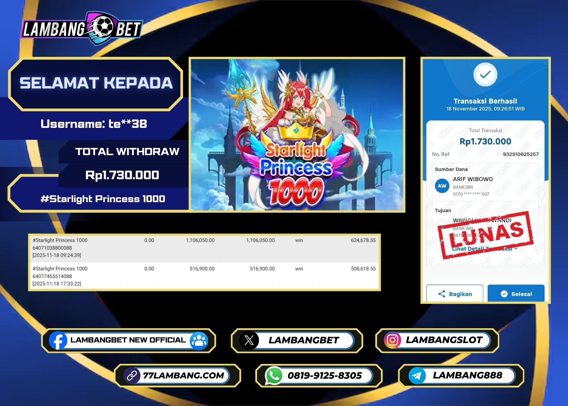 LAMBANGBET [18 NOVEMBER 2025] JACKPOT SLOT Starlight Princess 1000 "Rp1.730.000" LUNAS